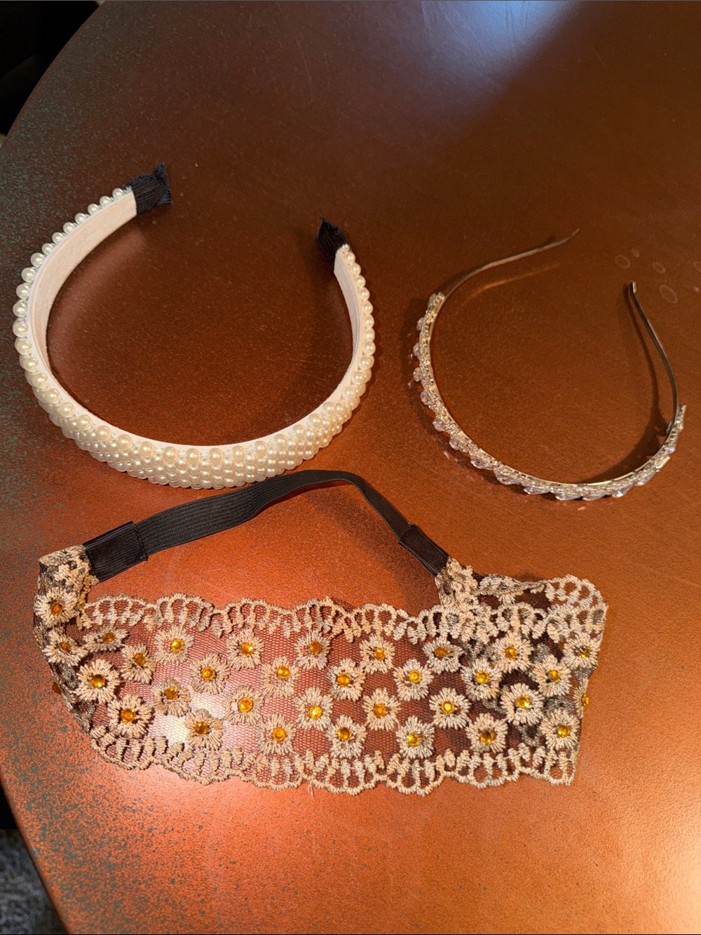 Pearl and Crystal Headband Set with Floral Lace Elastic Band - White